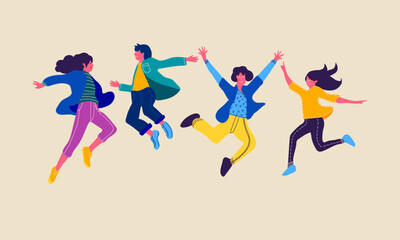 Young People Are Jumping. Happy Men and Women Are Dancing and Jumping. The Concept of Happiness, Joy, Love, Friendship. Vector Trendy Cartoon Illustration