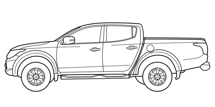 Ivano-Frankivsk, Ukraine - 07 July 2024: Outline drawing of a Mitsubishi Triton or Mitsubishi L200 is a mid-size pickup truck modern style. Vector outline doodle illustration.	