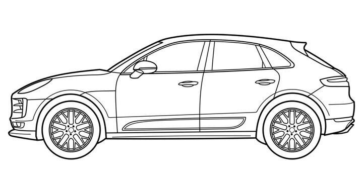 Ivano-Frankivsk, Ukraine - 7 July 2024: Outline drawing of a Porsche Macan S is a compact luxury crossover SUV, side view. Outline doodle vector illustration. 