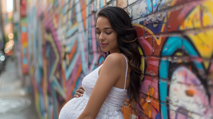 Naklejka premium Pregnant Woman in Urban Setting with Colorful Mural
