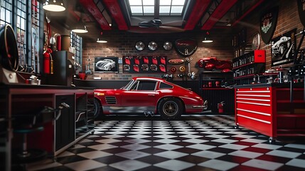 Retro-inspired garage workshop designed for automotive restoration, customization, car maintenance, repair tools, vehicle lifts, and garage storage solutions