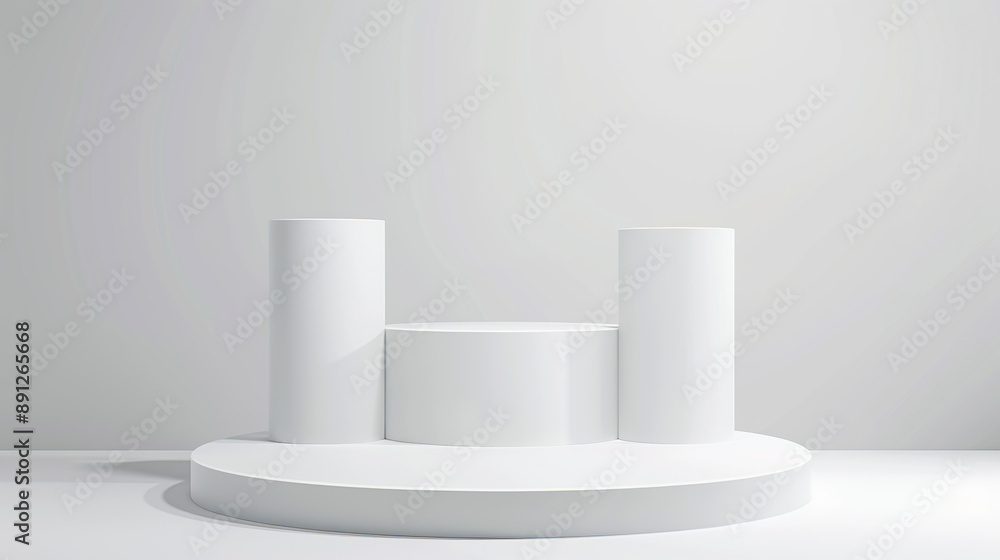 Poster 3d render of white podium with three vertical blocks on the round platform,