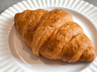 Freshly baked croissant on a white plate on a grey background. Minimal composition