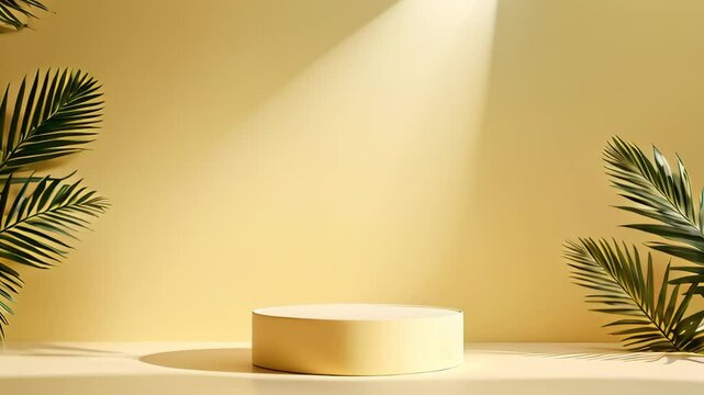Podium on soft pastel yellow background with soft light on minimal background, palm leaf shaped shadow animation from sunlight