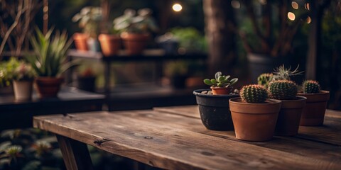 Fototapeta premium Close-up of a wooden table with potted plants in a bright, blurred garden background, perfect for outdoor living and nature themes.