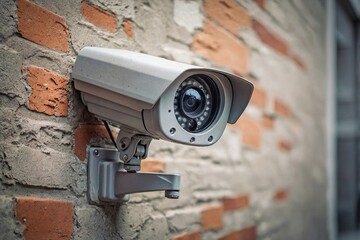 CCTV Camera on a Textured Wall: A close-up of a CCTV camera mounted on a textured concrete or brick wall.