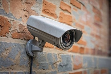 CCTV Camera on a Textured Wall: A close-up of a CCTV camera mounted on a textured concrete or brick wall.