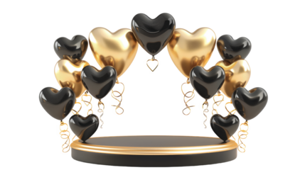 Black and gold heart-shaped balloons arch on a podium stand for a product presentation isolated on transparent background