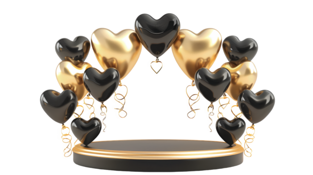 Black and gold heart-shaped balloons arch on a podium stand for a product presentation isolated on transparent background