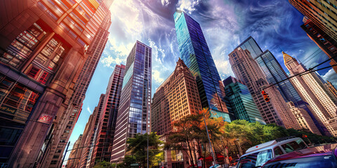 Obraz premium American Dream Incarnate: A bustling city skyline, with towering buildings and a vibrant street scene.