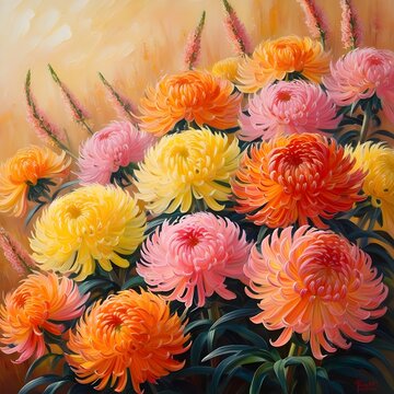 chrysant emums depicted in oil on canvas burst