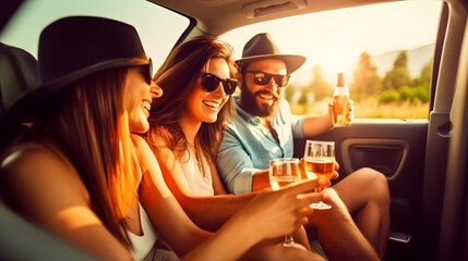 Friends going on a trip in a car and drinking white wine