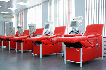 Separating apparatus and daybeds set at City blood transfusion station for taking blood from donors
