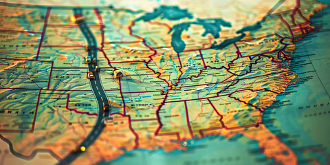 Obraz premium A map of the United States, with a winding highway leading to the horizon.