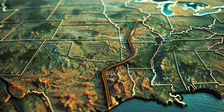 A map of the United States, with a winding highway leading to the horizon.