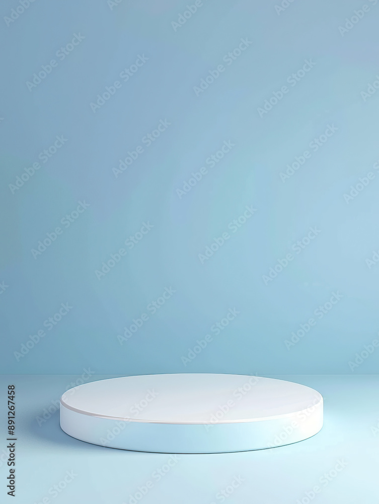 Poster 3d render of a simple white round empty podium platform on a light blue pastel background
