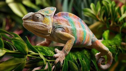 Side view of a colorful chameleon lizard on a branch 