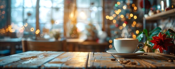 Cozy Cafe with Warm Decor Featuring a Cup of Coffee on Wooden Table