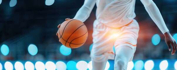 Double exposure basketball player dribbling, close up, focus on, copy space, dynamic hues, silhouette with court lines