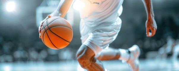 Double exposure basketball player dribbling, close up, focus on, copy space, dynamic hues, silhouette with court lines