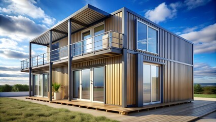 Obraz premium Modern container house with balcony overlooking nature