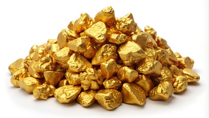 Obraz premium Pile of gold nuggets sparkling on white background
