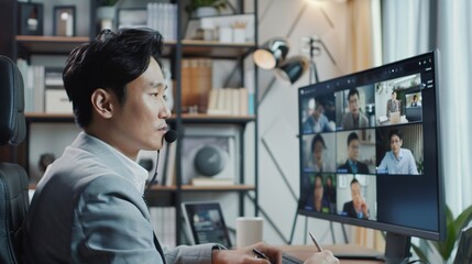 Fototapeta premium Remote Work from Home - Business Man: An Asian business man balances work and family by remotely joining a corporate group through a video conference call from home.