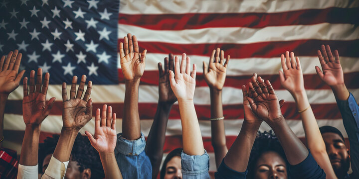 One Nation, Indivisible: A diverse group of people raising their hands in unity, with an American flag in the background.