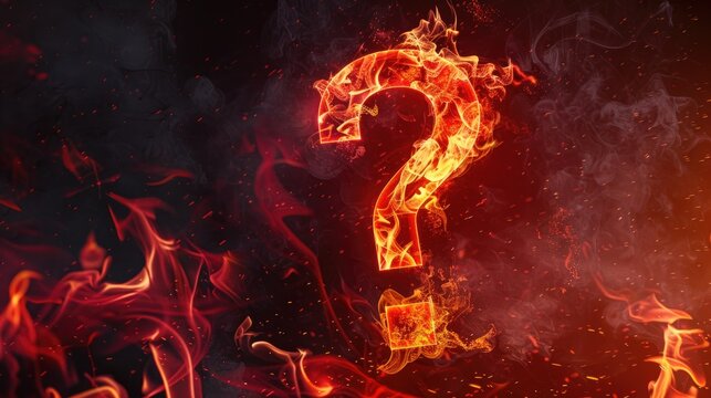 Burning question mark "?" in fire flames, red smoke behind, hot metal font on black