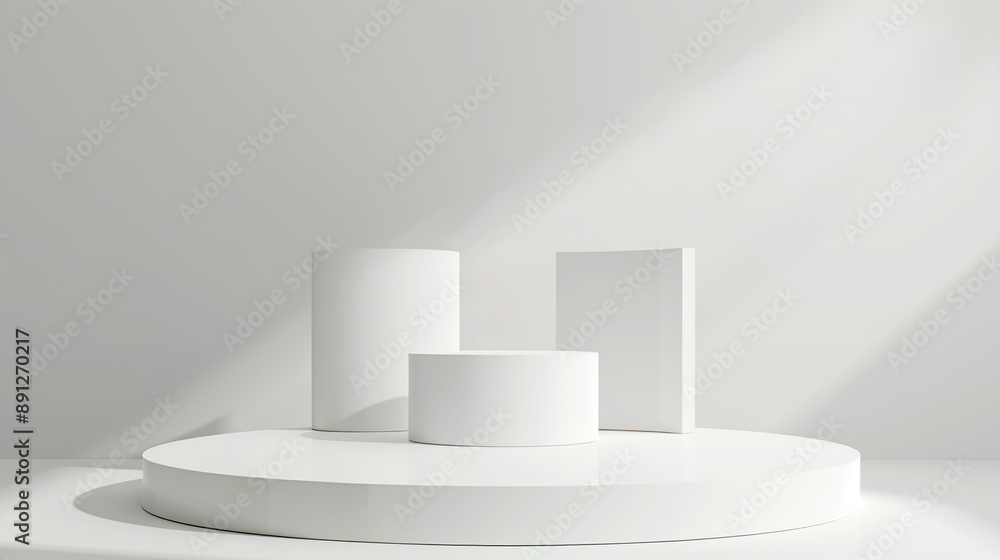 Poster 3d render of white podium with three vertical blocks on the round platform,