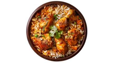Delicious biryani with chicken, top view isolated on transparent background