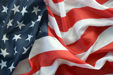 United States of America flag with stars and stripes close up. Official US Banner waving with folds