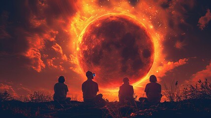 vector, illustration, A group of people wearing safety glasses watch a solar eclipse. Vector illustration