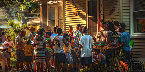Strength in Community: A neighborhood block party, with people of all ages enjoying each other's company.