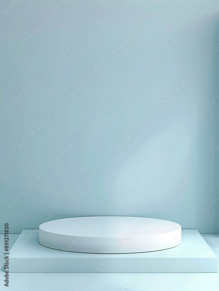 Poster 3d render of a simple white round empty podium platform on a light blue pastel background