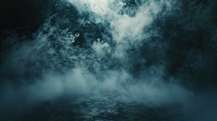 Expansive foggy scene with smoke moving across a black background, mysterious ambiance
