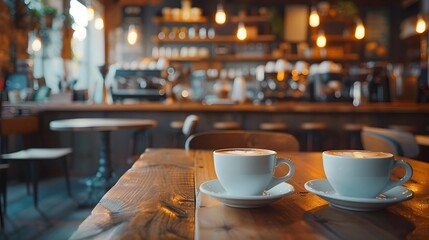 Cozy Cafe with Two Cups of Coffee on Wooden Table in Warm Atmosphere