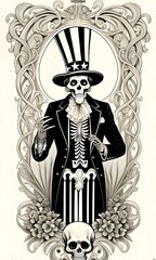 Obraz premium hand drawn illustration of a human skeleton dressed as uncle sam, skull, tattoo art, usa, united states of america, patriot, patriotic, army, military, death