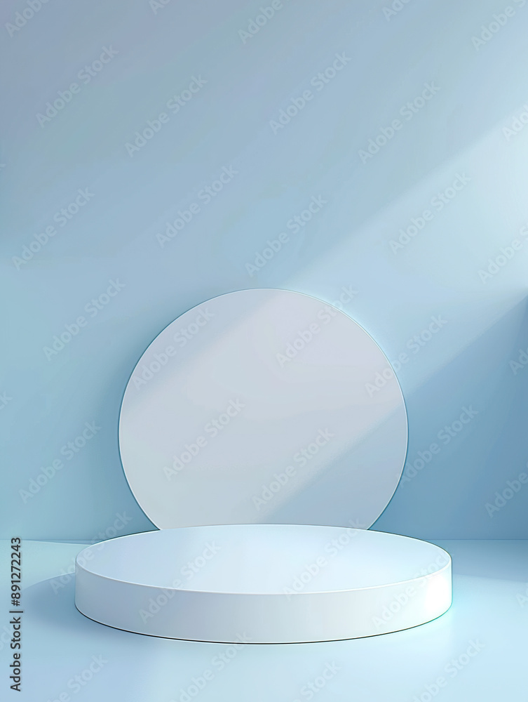 Poster 3d render of a simple white round empty podium platform on a light blue pastel background