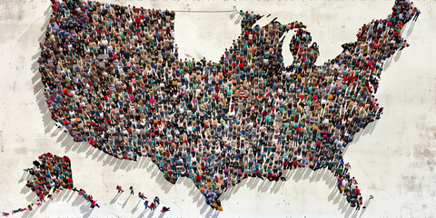 A Nation United: A map of the United States, with various people of different races, ethnicities, and backgrounds forming a heart around it.