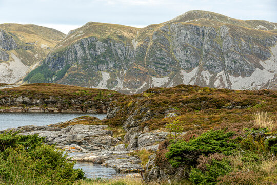 Landscape of low coasts in the Norwegian fjords. Maloy Norway.