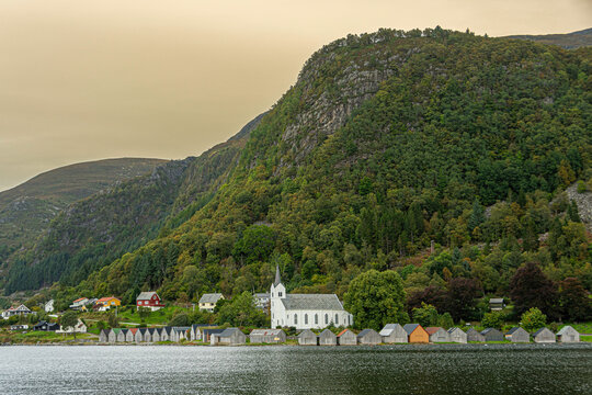 Fisherman's huts and church in the coastal town of Maloy. norway.