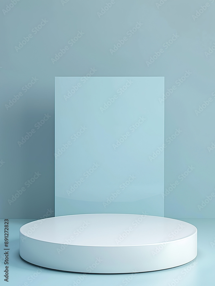 Poster 3d render of a simple white round empty podium platform on a light blue pastel background