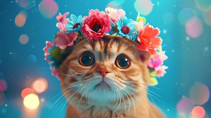 cat wearing a cardboard flower crown, looking sweet and innocent