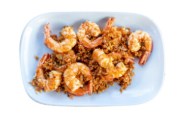 Top view of Fried River Prawn with Garlic and Pepper, focus selective