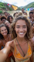 Fototapeta premium Many blacks, whites, Asians and many other races, young and old, were gathered together under the blue sky and everyone was smiling. From a bird's eye view,