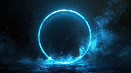 Obraz premium Mystical neon blue circle on dark background, futuristic portal, logo mockup