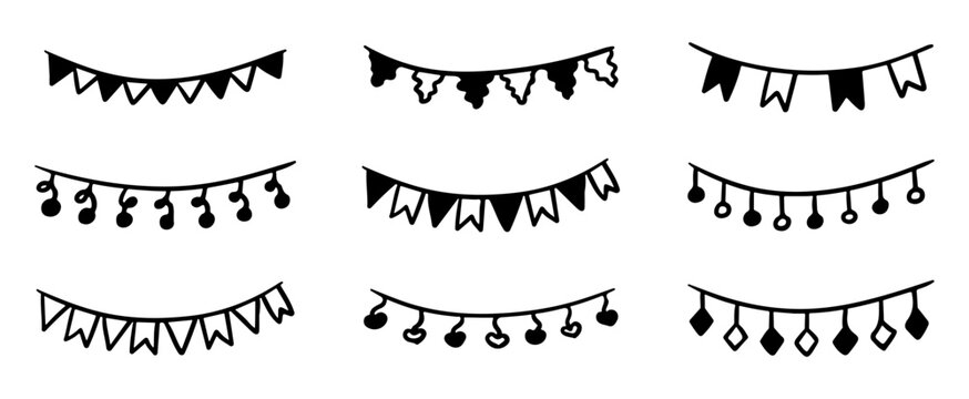 Doodle garland vector set. Hand drawn holiday bunting. Birthday girland of flags of different shapes. Hearts, circles. stars. Children drawing.