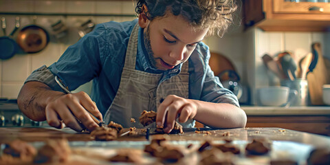 A father teaching his son how to bake cookies at a kitchen island, their hands rhythmically working together to create a delicious concoction.