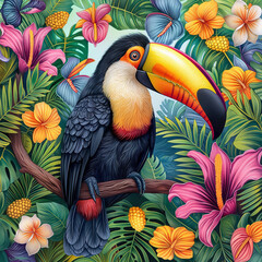 Fototapeta premium Painting colorful tropical flowers with Knobbed ,Hornbills ,parrot sitting on a branch in the forest,tropical flowers, orchids, anthuriums and green leave,square .